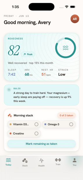 Sulis Today screen showing the daily readiness score and daily read